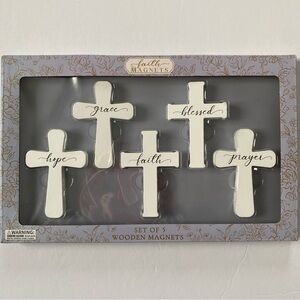 Religious Magnets Cross Set Of 5 New Wooden Faith Grace Hope Blessed Prayer NIB